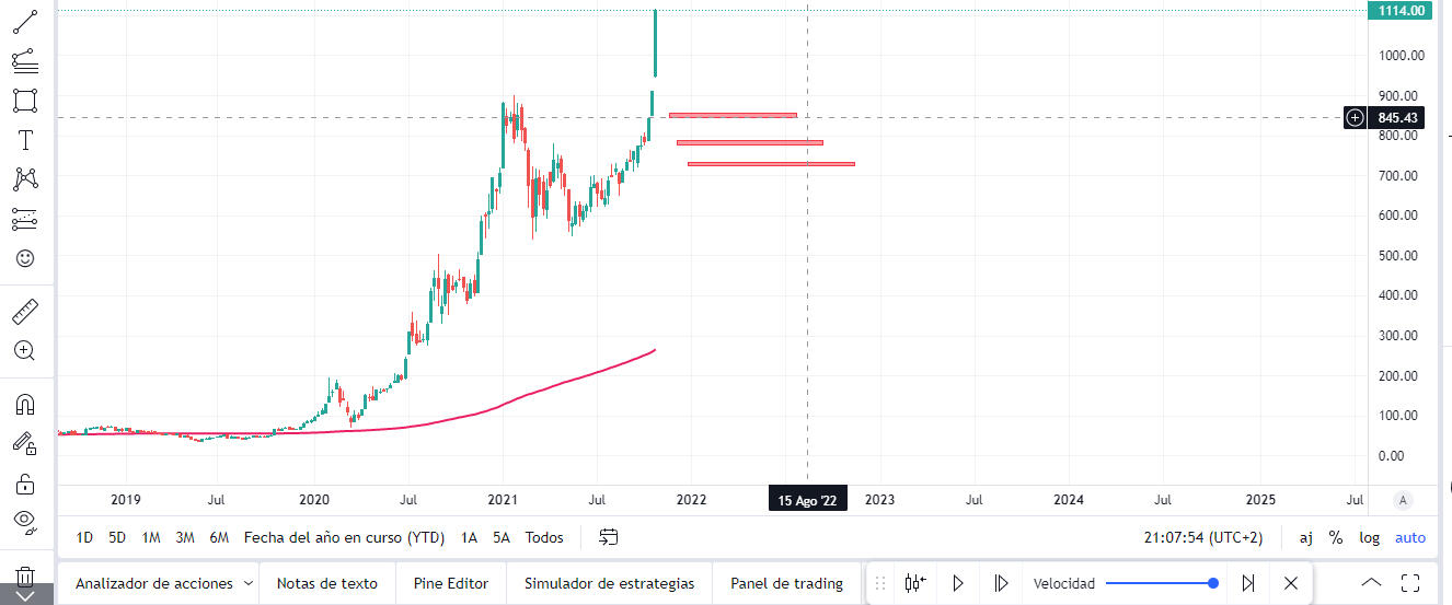 Precio de Tesla a día 3 de Noviembre 2021, el precio tenía que retroceder a medio plazo SÍ o SÍ a zonas rojas